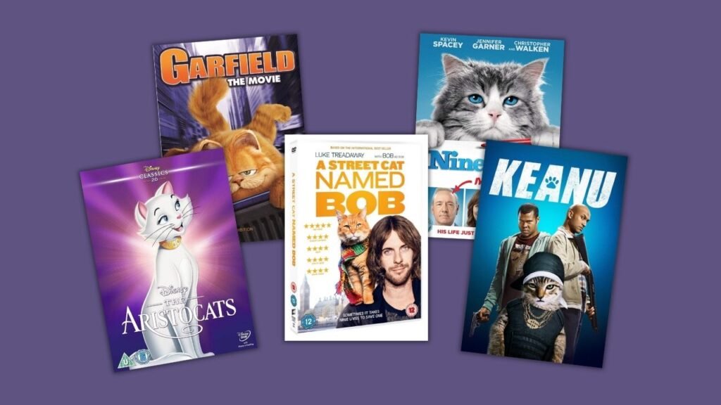 picture of 5 movies featuring cats: Aristocats, Garfield, A streetcat named Bob, Keanu and Nine Lives